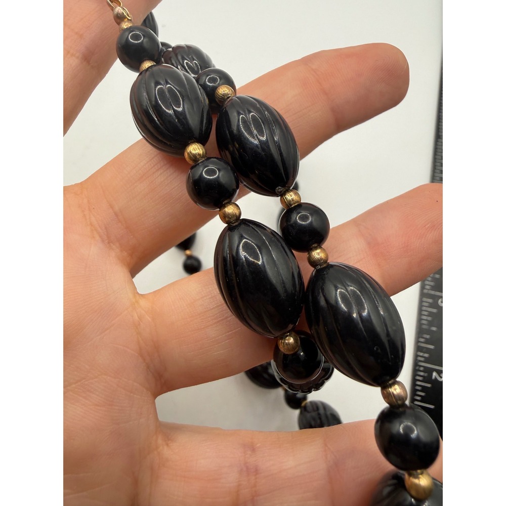 Vintage Black Fluted Oval Bead Necklace Gold Tone Spacers Lobster Clasp 22‎ Inch